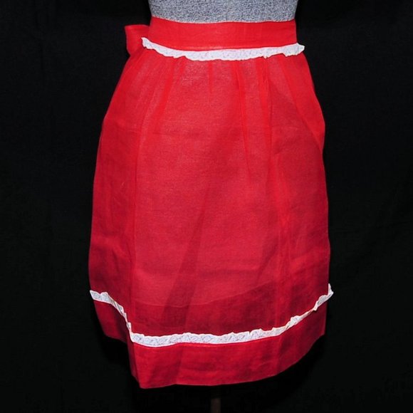 Vintage 50s Red Illusion Organza & Lace Fancy Hostess Apron July 4th, Christmas - Picture 3 of 8